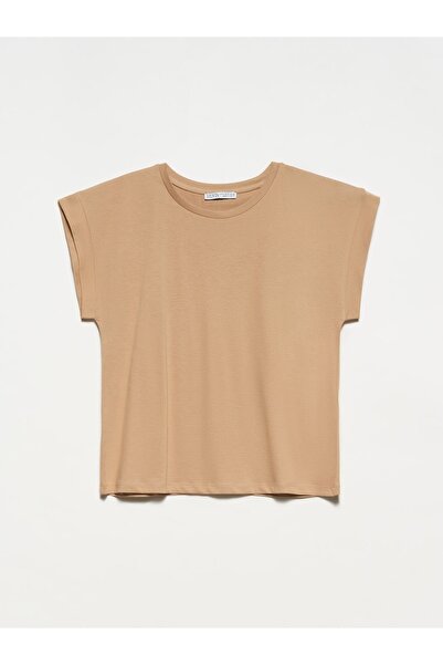 Dilvin Tricou din bumbac pieptănat cu decolteu-bej-mic