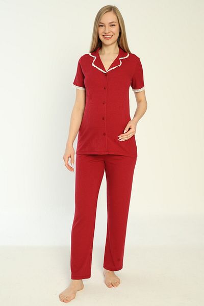 Miss Dünya Lissa Cotton Corded Front Buttoned Maternity and Pregnant Pajamas Set