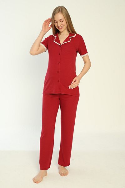 Miss Dünya Lissa Cotton Corded Front Buttoned Maternity and Pregnant Pajamas Set