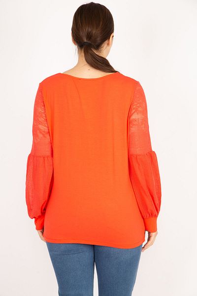 Şans Women's Pomegranate Large Size Sleeves Tulle Lace Detailed Tunic 65n36073