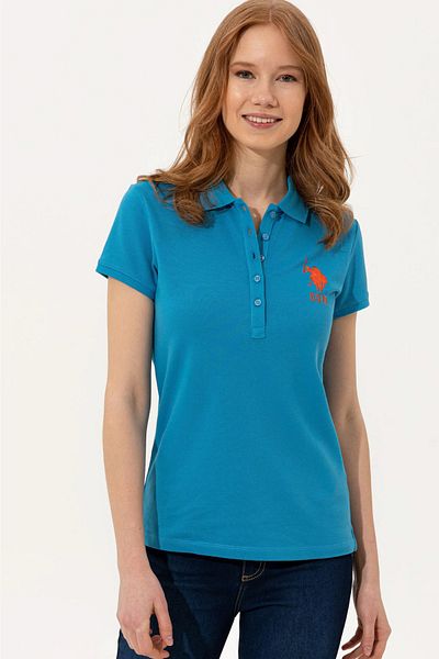 U.S. Polo Assn. Tricou de damă albastru cobalt cu gât polo - Basic