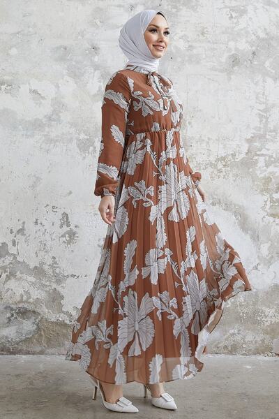 InStyle Elya Çiçek Yakası Kuşaklı Şifon Elbise - Taba