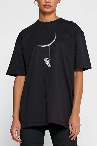 blausee wear Unisex Oversize Beyaz Tişört Astronot Uzay Baskılı Beyaz Kadın T...