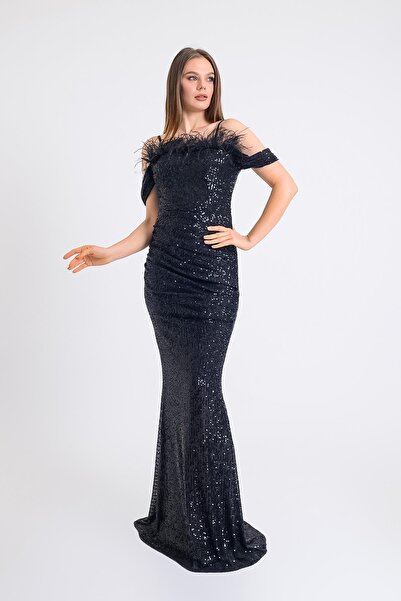 SpringStore Siyah Yakası Otişli Payetli Uzun Abiye Elbise