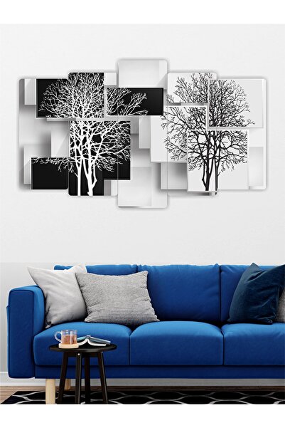 fabriflow exclusive Siyah Beyaz 3d Görünümlü Ahşap Duvar Tablo 5 Parça Set