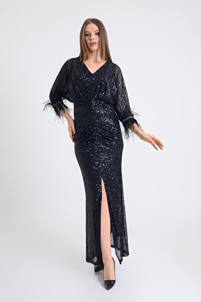 SpringStore Siyah Kolları Otişli Yarasa Kol Abiye Elbise