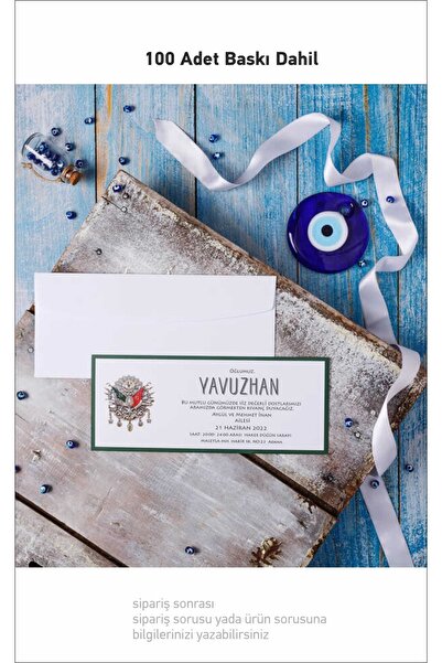 Hsn Osmanlı Tuğralı Zarflı Sünnet Davetiyesi 100 Adet