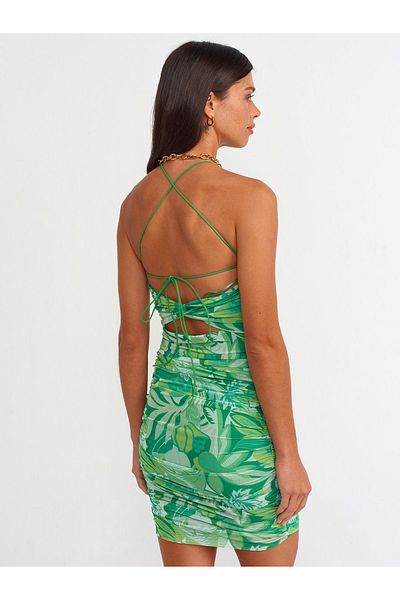 Dilvin 90363 Back Detailed Mini Dress-green