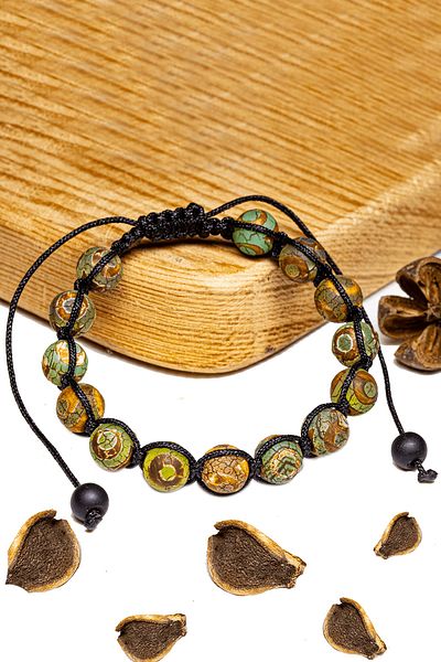 Tesbih Atölyesi Certified Green Brown Tibetan Agate Stone Bracelet