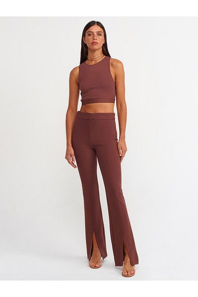 Dilvin 70318 Slit Detailed Trousers-brown