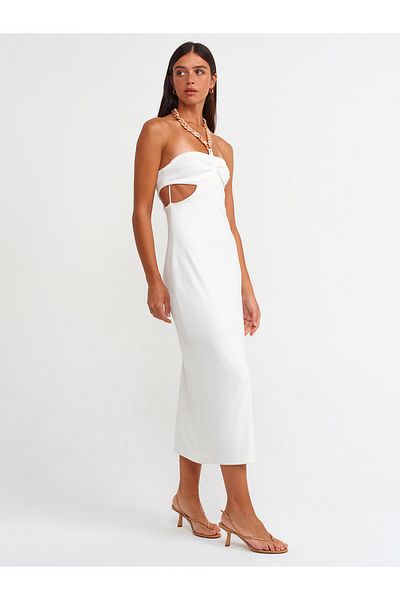 Dilvin 90357 Chain Neck Strap Long Dress-ecru