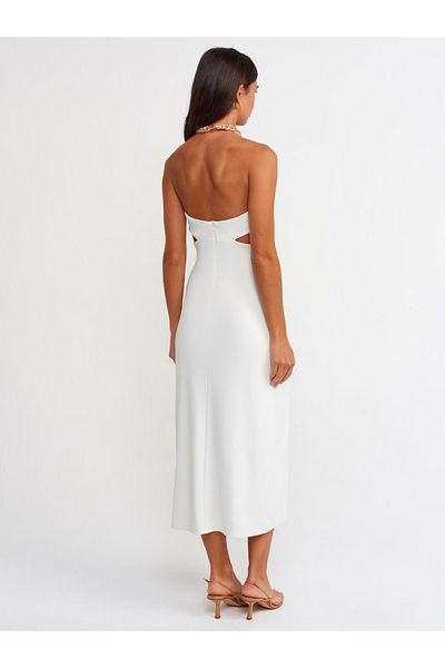 Dilvin 90357 Chain Neck Strap Long Dress-ecru