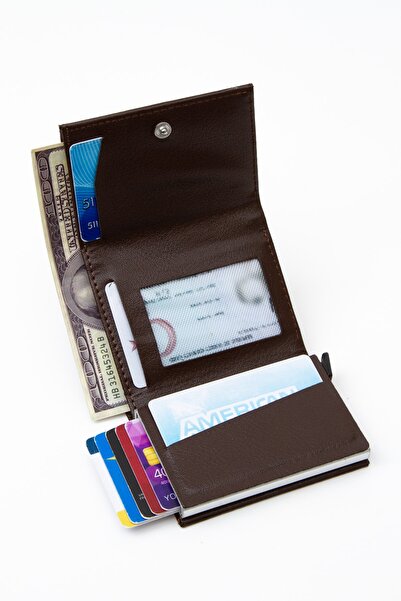 Newish Adelina Unisex Dark Brown Leather Mechanism Automatic Slide Card Holder Wallet (7CMX10CM)