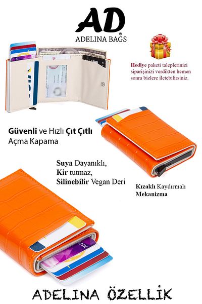 Newish Adelina Orange Crocodile Patterned Mechanism Automatic Sliding Card Holder Wallet Crocodile Card Holder