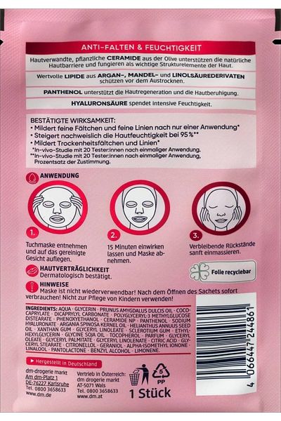 BALEA Vital Ceramide Face Mask Reduces the Depth of Wrinkles with Hyaluronic Acid and Argan Oil