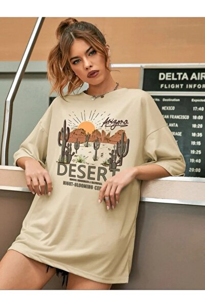ALİKA Tricou oversize unisex cu imprimeu bej desert