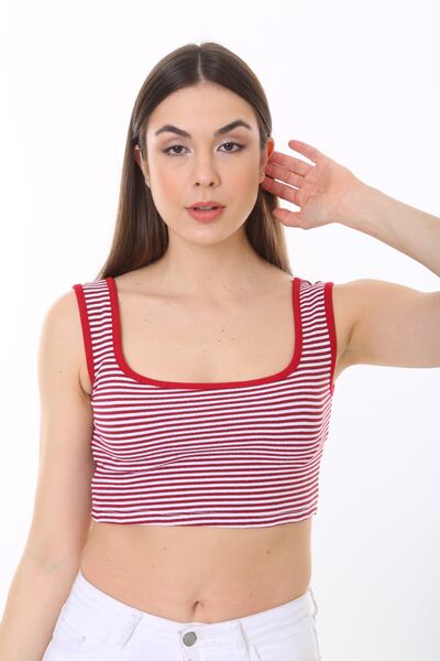 manolyabutik Çizgili Askılı Kadın Fitilli Crop Örme Bluz