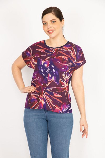 Şans Women's Navy Blue Large Size Patterned Satin Low Sleeve Blouse 65n36084