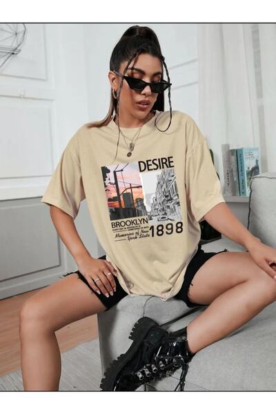 ALİKA Bej Desıre 1898 Baskılı Oversize Unisek majica