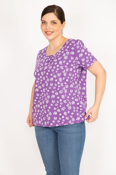 Şans Women's Lilac Large Size Cotton Fabric Short Sleeve Patterned Blouse 65n36062
