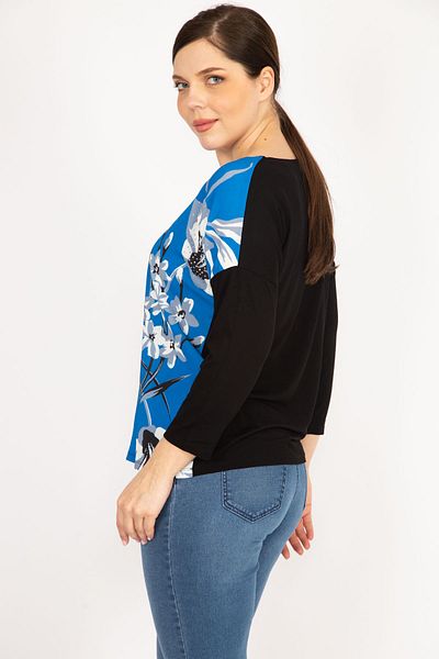 Şans Bluză de damă, albastră, mărime mare, cu model în față 65n36085