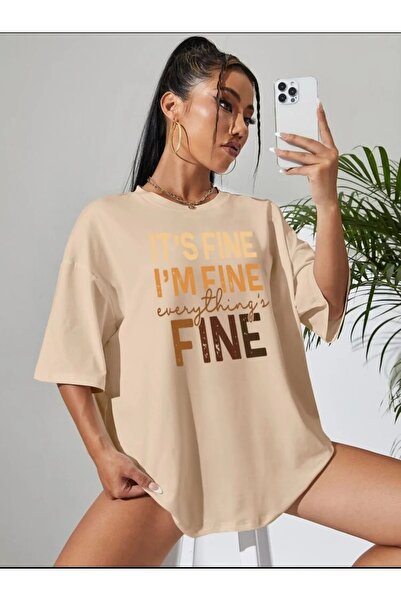 ALİKA Tricou unisex supradimensionat cu imprimeu bej It's Fine