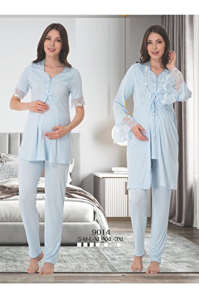 by İGP Effortt Mavi Kadın Hamile Lohusa Sabahlıklı Kısa Kollu Pijama Takımı 9014