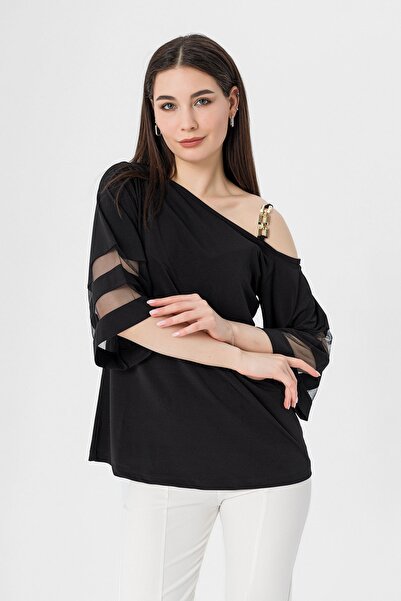 EtkiModa Γυναικεία μαύρη μπλούζα με λαιμόκοψη με λουράκι με έναν ώμο με λεπτο...