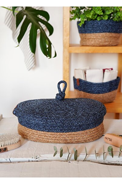 The Mia Navy Blue Bamboo Oval Basket - with Jute Lid, 35X24X12 cm