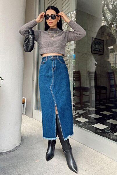 fehika Kadın Koyu Mavi Yıkama Kot Etek Yırtmaçlı Denim Uzun Etek