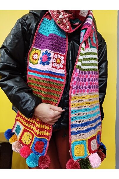 DESEO BOUTIQUE Kadın El Emeği Göz Nuru Renkli Motifli El Örgüsü-handmade-hand-knıtted Ponponlu Ince Atkı