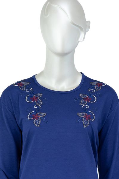 Oppland Bluză de damă cu mânecă lungă, cu paiete brodate, cu gât rotund, slim fit, din lycra, din viscoză, din material pieptănat.