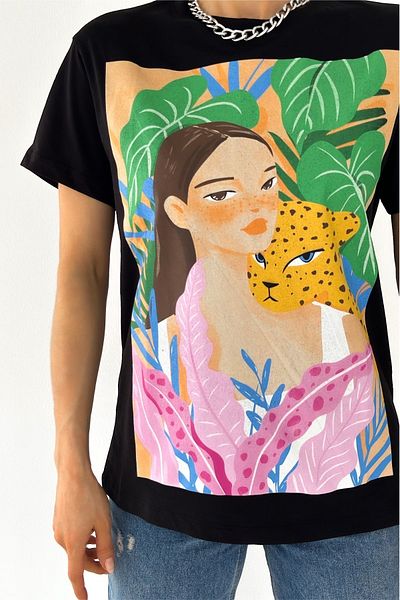 FEMELLE Tricou de damă negru din bumbac imprimat New Season