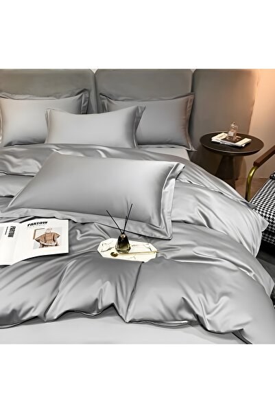 METİNEV King Size Light Gray Cotton Satin Duvet Cover Set