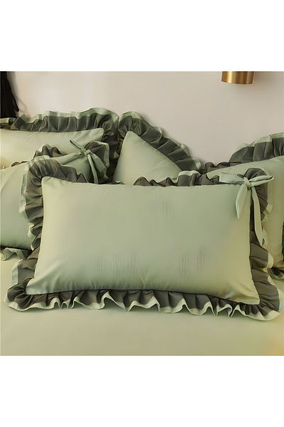 METİNEV Light And Dark Green Frilly Pillow Case Cotton Satin