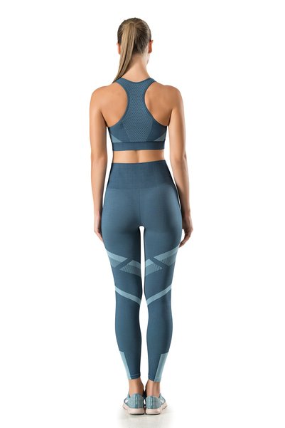 Modanty Women's Set Blue Seamless Thick Strap No Underwire Patterned Bustier and Leggings Set High Waist