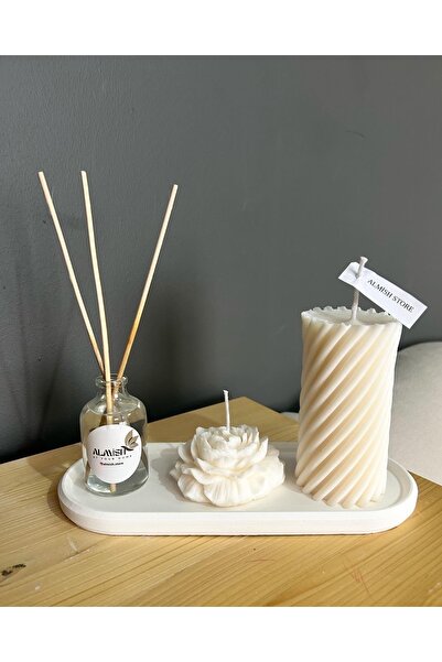 howartia store Beton Tepsi Standında %100 Soya Wax Mum Ve Oda Kokusu Seti