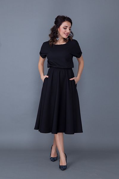 Bidoluelbise Rochie de damă, neagră, cu talie elastică, cu buzunare, cu mânecă liliac, lungime midi