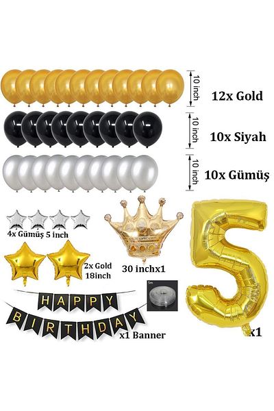 Patladı Gitti Large Size King Crowned Gold-silver-black 5 Year Old Birthday Set