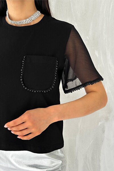 FEMELLE Γυναικείο T-Shirt με μαύρα μανίκια σιφόν πέρλες κεντημένο βαμβακερό