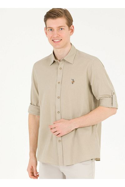 U.S. Polo Assn. Ανδρικό πουκάμισο χακί - Comfort Fit, γιακά με κουμπιά, Enzo23y