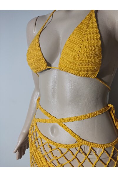 Freya Design Kadın Örme Tasarım File Plaj Elbisesi Bikini Takımı Pareo