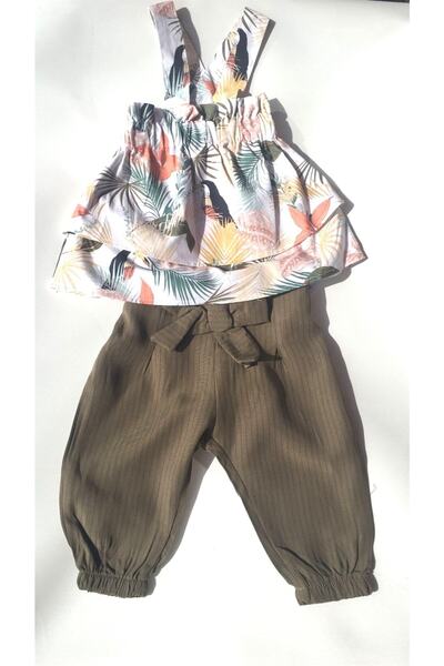 Çikoby Kız Bebek Çocuk Desenli Bluz Fiyonklu Dokuma Pantolonlu Takım