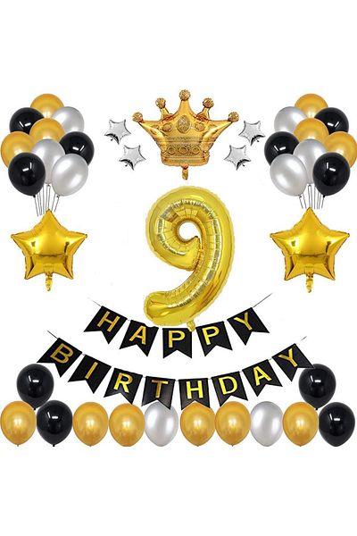 Patladı Gitti Large Size King Crowned Gold-silver-black 9 Year Old Birthday Set