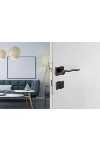 KOLDOOR Tutku Black Gold Line Square Rosette Yale Steel Door Handle Press Right One Way