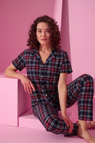 MEBA Milan Front Buttoned Heart Pattern Navy Blue Plaid Short Sleeve Suit