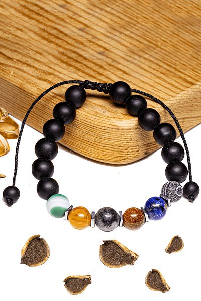 Tesbih Atölyesi Certified Healthy Old Age Natural Stone Bracelet (Agate Jasper Star Lapis Onyx Stone)