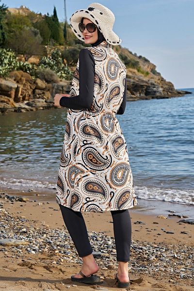 Ruko Maio Women's Long Sleeve Zippered Lycra Long Ecru Full Hijab Swimsuit 2c3t1n17-7