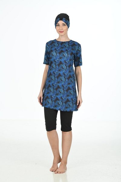 Fantasy Short Sleeve Leaf Pattern Women's Hijab Swimsuit Navy Blue3368