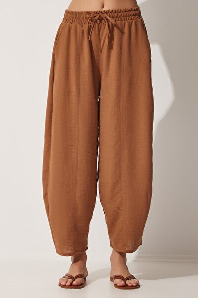 Happiness İstanbul Női barna vászon ing Shalwar nadrág szett DZ00080